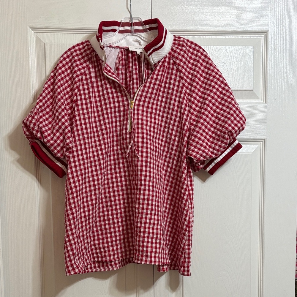 entro Red Gingham Zip-Front Polo Top